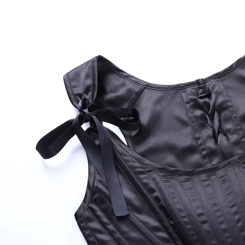

OneLineFox Satin Tank Top Women Tie Up Boning Sexy Hollow White Bodycon Corset Crop Top Ladies Chic Party Wear Casual Cami