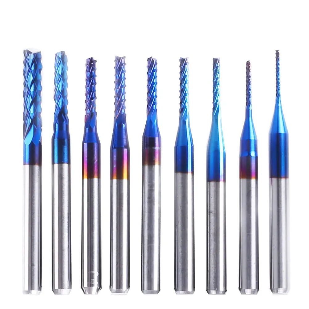 

10PCS CNC Router Bits Nano Blue Coat 0.8-3mm Carbide End Mill for Milling Machine Wood Plastics PCB Engraving Cutting tools