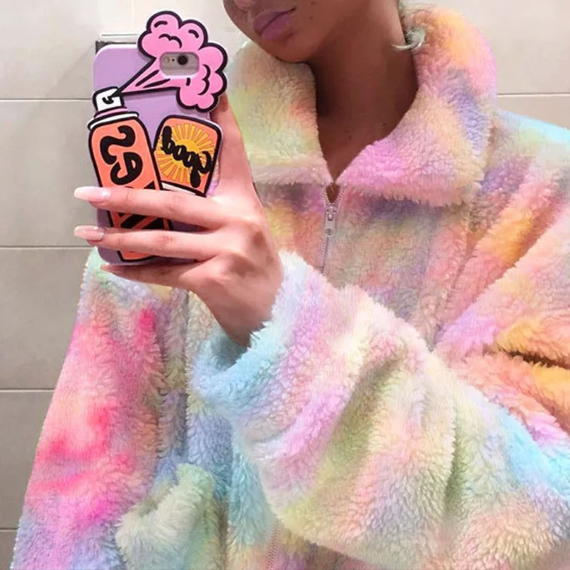 

Свободная Радужная Женская толстовка с капюшоном, сезон осень-зима, пушистый Женский Теплый мягкий пуловер на молнии, плюшевый Модный пулов...