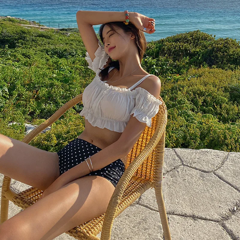 

Swimsuit for Women Hot Spring Split Conservative Covering Belly Thin Flab Hiding Small Chest Push Up Off-Shoulder Swimsuit Asian