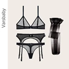 Комплект женского нижнего белья из бюстгальтера, стрингов, подвязки и чулок, прозрачный, без косточек, с глубоким V-образным вырезом