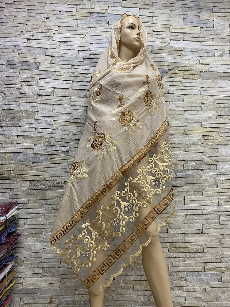 Top Selling African Women Scarf Muslim Embroidery Cotton Splicing net scarf Big Soft Headscarf Hijab BM816 |