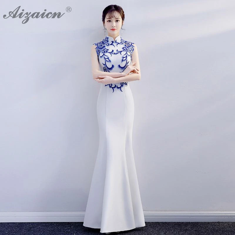 White Mermaid Slim Cheongsam Modern Host Elegant Long Gown Qi Pao Women Chinese Evening Dress Qipao Promotion Party Dresses |