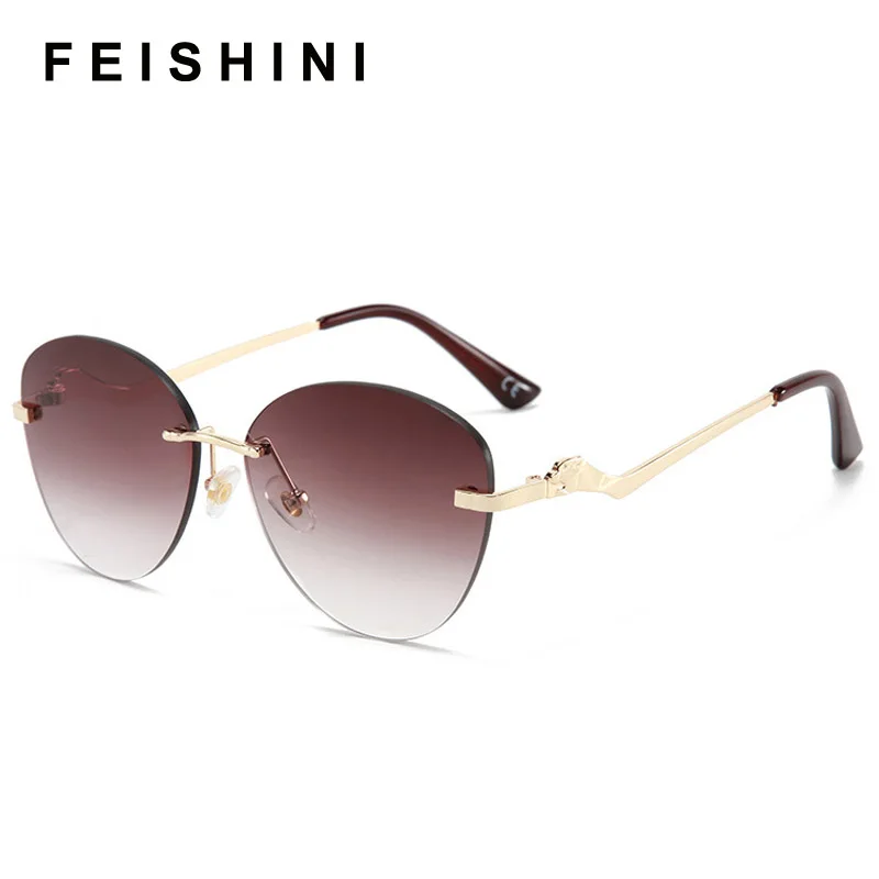 

Feishini Festival Celebrity Fashion Brown Colour Rimless Glasses Ladies Clear Cat Eye Oculos Cheap Trendy Sunglasses Women UV400