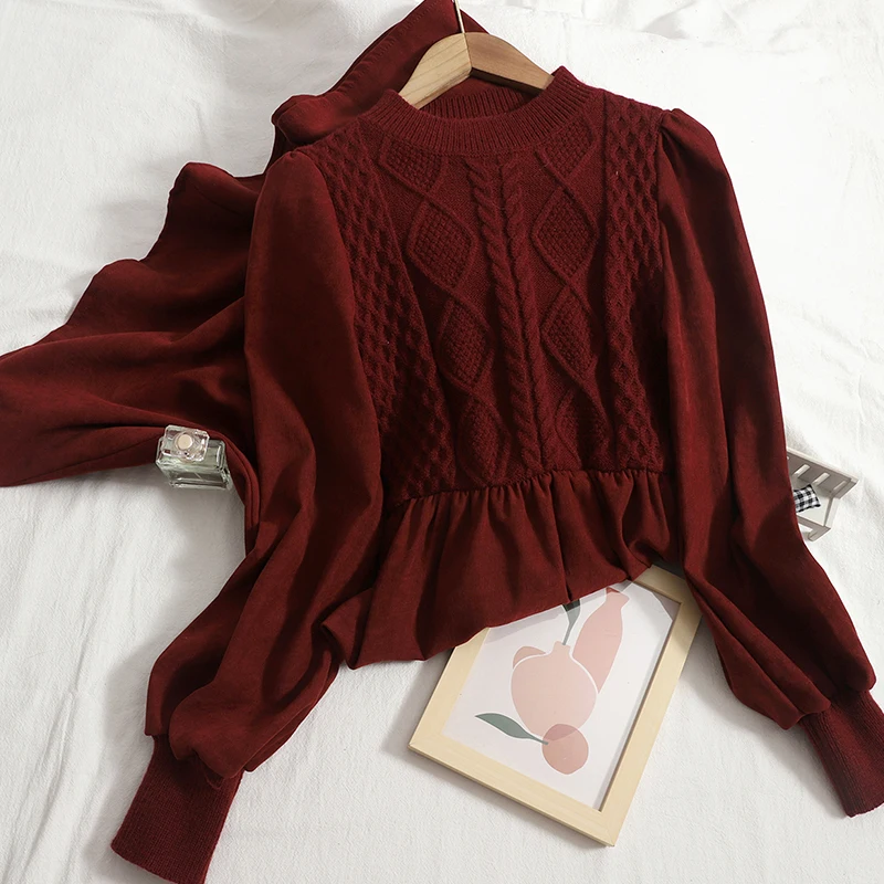 

2021 autumn new O neck knitted stitching dress women solid color Korean big swing vintage corduroy dress female vestidos