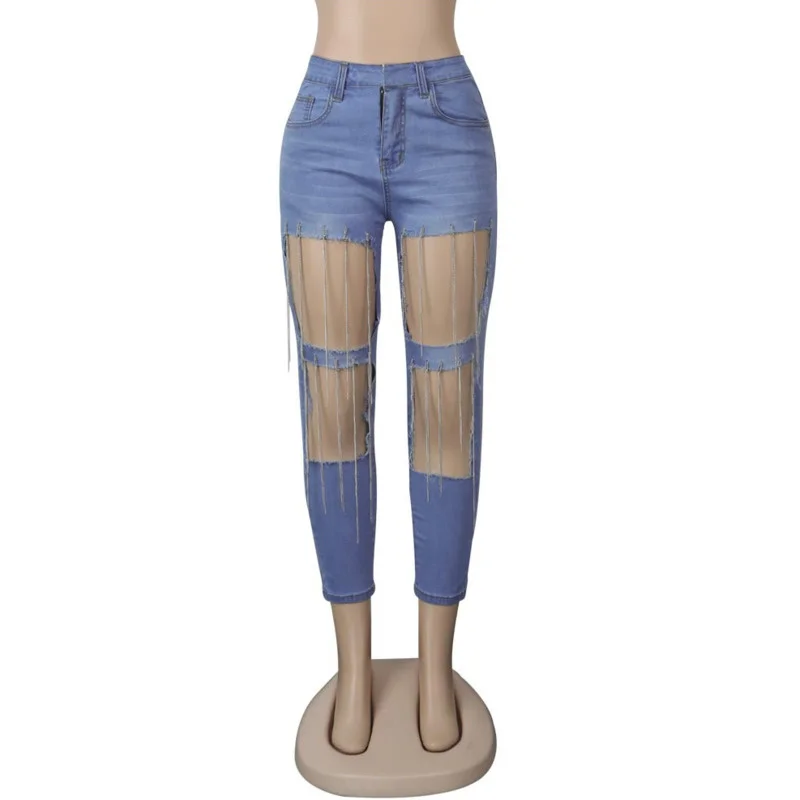 

Women Summer Jeans Female Slim Blue Sexy Hole Denim Pants Ripped Chain Tassel Street Skinny Lady Nightclub Trousers Multi-size