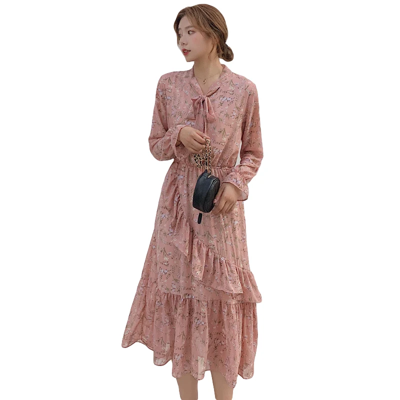 Женское платье макси элегантное шифоновое с цветочным рисунком осеннее бантом