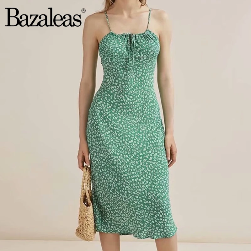 Винтажное платье-миди Bazaleas на бретелях-спагетти французское зеленое летнее