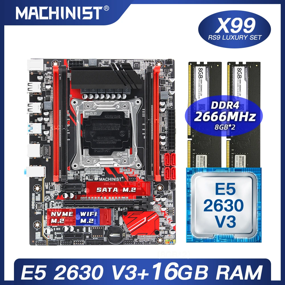Online X99 Motherboard LGA 2011-3 Set Kit Mit Intel Xeon E5 2630 V3 Prozessor DDR4 16GB(2*8GB) 2666MHz RAM Speicher M-ATX X99-RS9