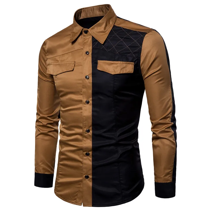 

2021 Spring Summer Casual Long Sleeve Shirt Turn-down Collar Slim Shirts Mens Streetwear For Men Fashion Patchwork Button Tops