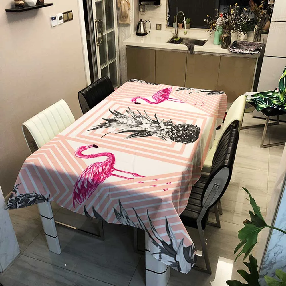 Декоративная льняная плотная скатерть с фламинго розовая водонепроницаемая
