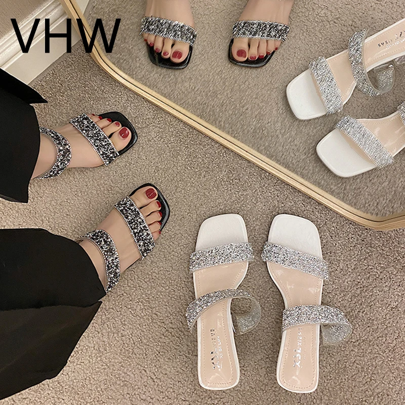 

Women Heels Slippers 2021 Summer Elegant Ladies Open Toe High Heels Sandals Fashion Crystal Luxury Brand Black Female Shoes