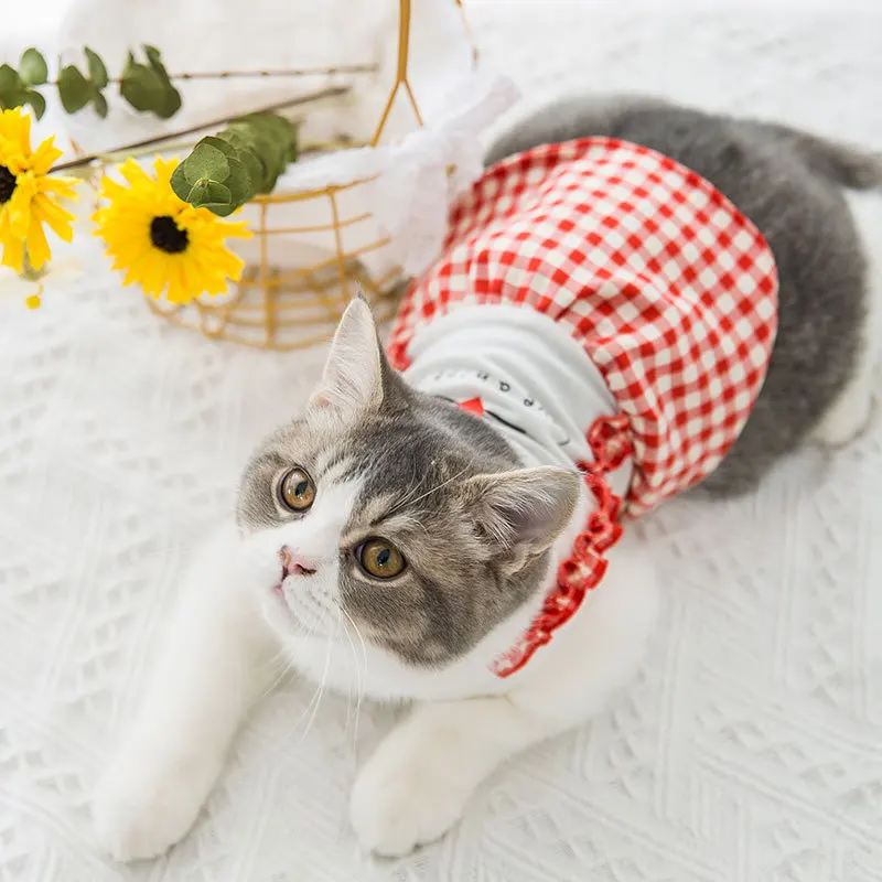 

Cute Cat Skirt Vest Plaid Skirt Summer Thin Section Breathable Cat Clothes Dog Dress Dog Skirts Small Dog Pet Dog Costumes