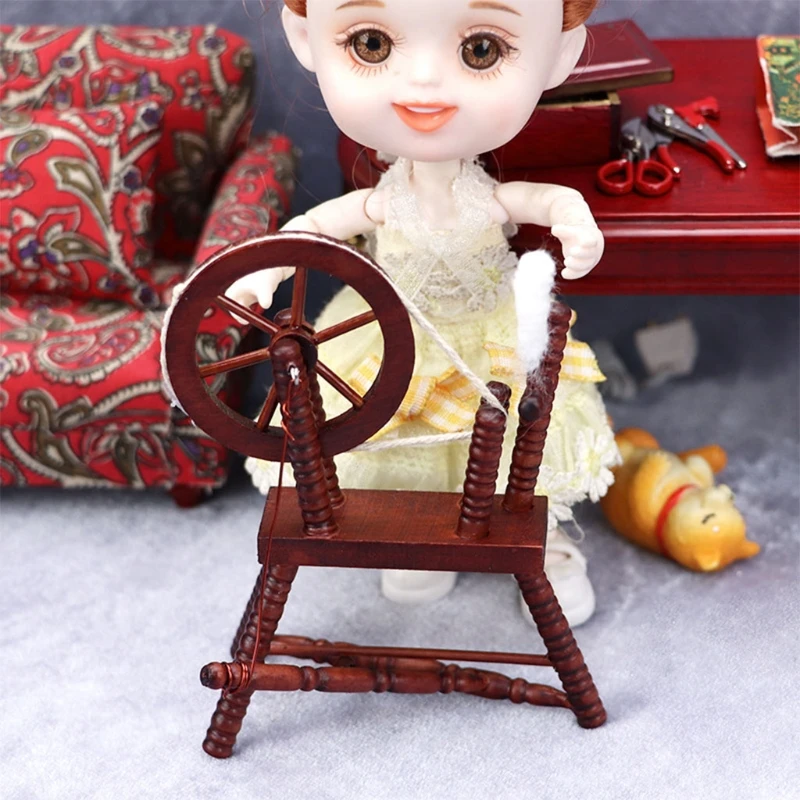 

Mini Spinning Wheel Miniature Dollhouse Furniture Wooden Vintage Models Doll House Accessories Photo Props Party Toys