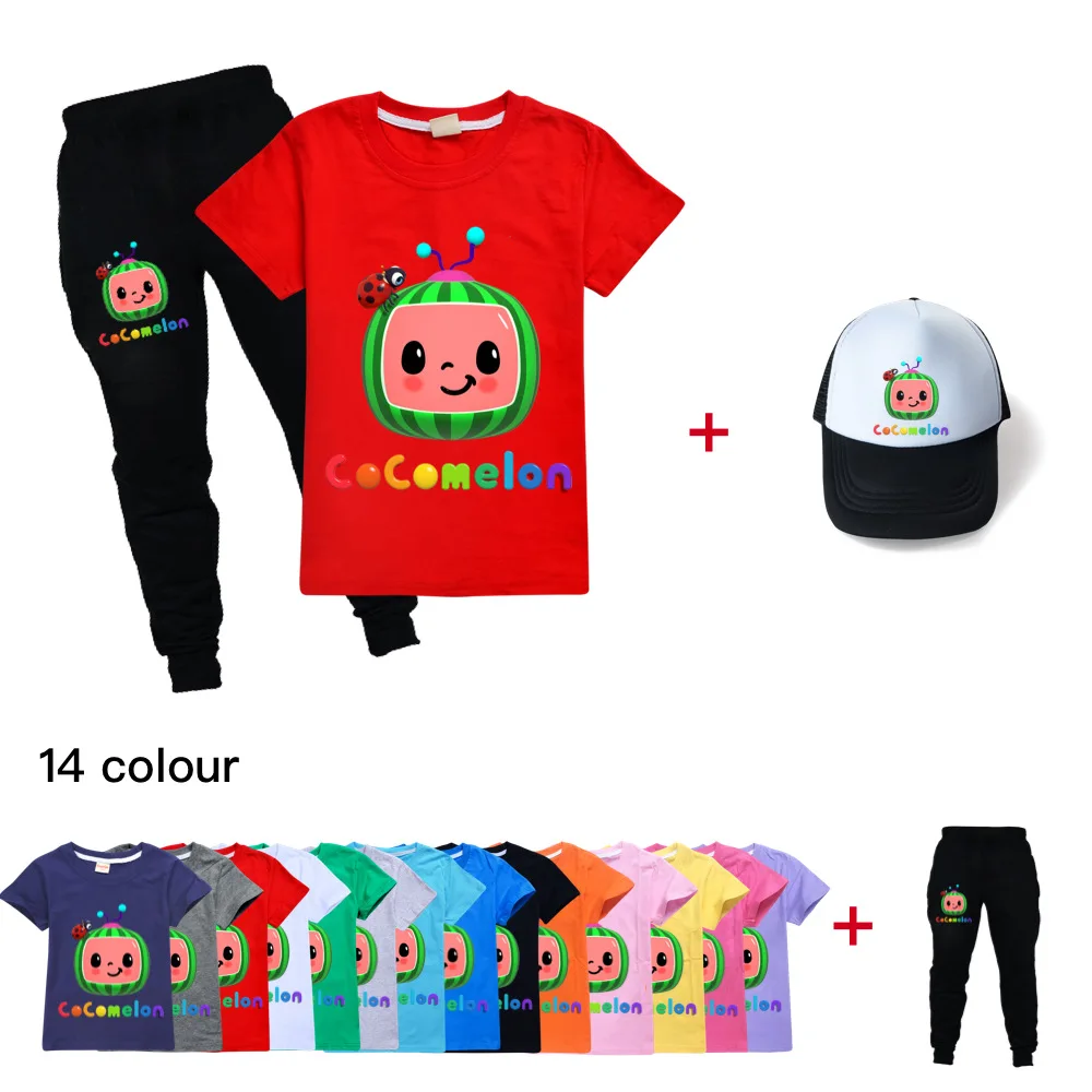 

2021 детская Cocomelon костюм для мальчиков и девочек, одежда для дня рождения, футболка с короткими рукавами для девочек штаны шапка комплект дет...