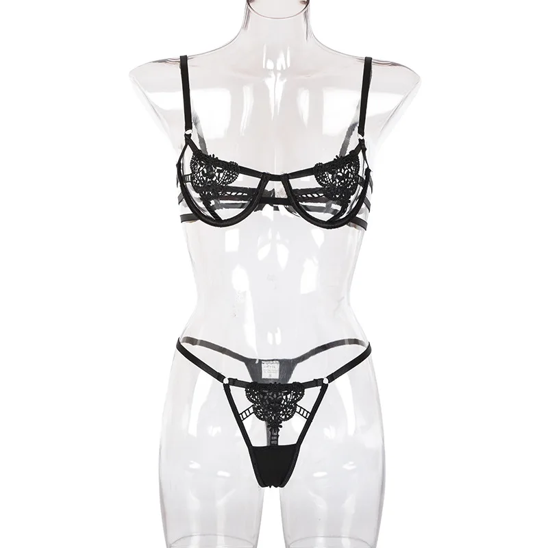 

United States sexy mesh flowers perspective hollow sling steel ring underwear fun two piece women's three-point Underwear Set