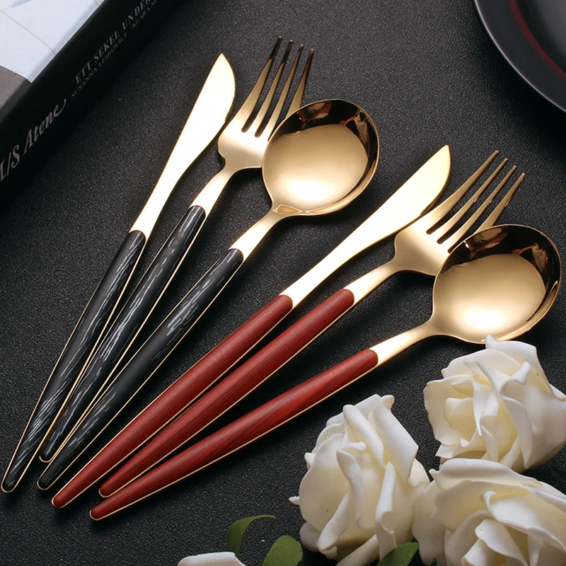 

3pcs chinese food dinnerware tablespoon fork knife set wood mark 304 stainless steel portable dining set black cutlery Storage