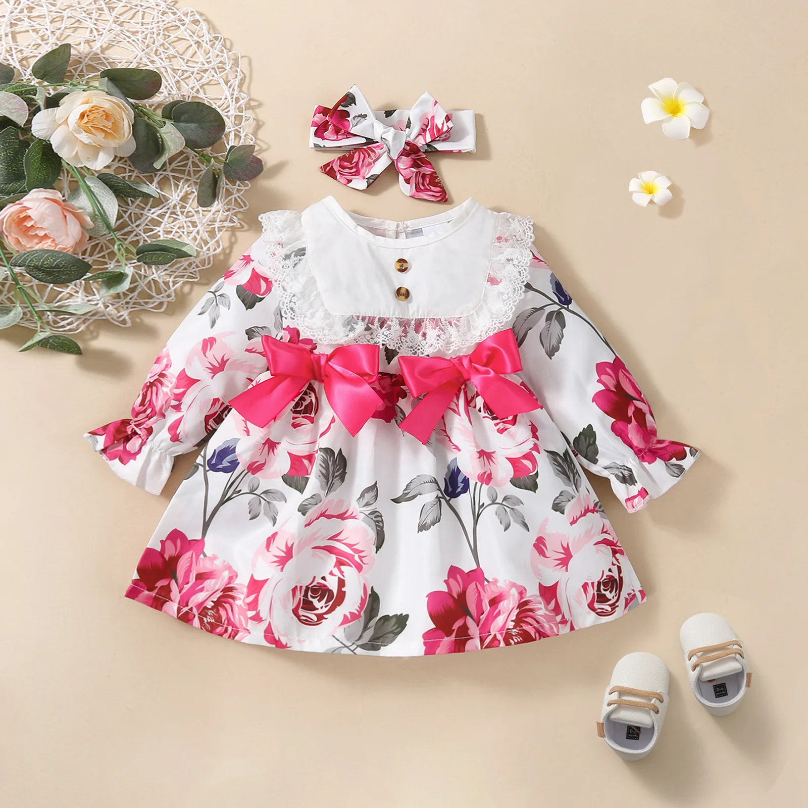 

Autumn 2Pcs Baby Girls Casual Long Sleeve Bow Dress Outfits Toddlers Kids Cute Flower Lace Trim A-line Dress with Headband Dress