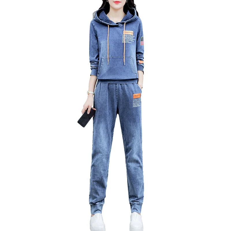 Co-ord/Джинсовый комплект из двух предметов для женщин,, толстовки с капюшоном, брючные костюмы и топ, осенне-зимняя одежда, одинаковые джинсы, комплекты из 2 предметов