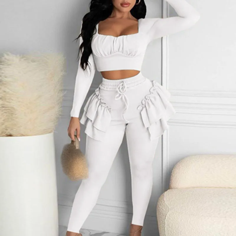 

Spring Autumn Women Solid Simple Set Fashion Double Ruffle Outfits Lady Strapless Long Sleeve Pullover and Drawstring Pants Suit