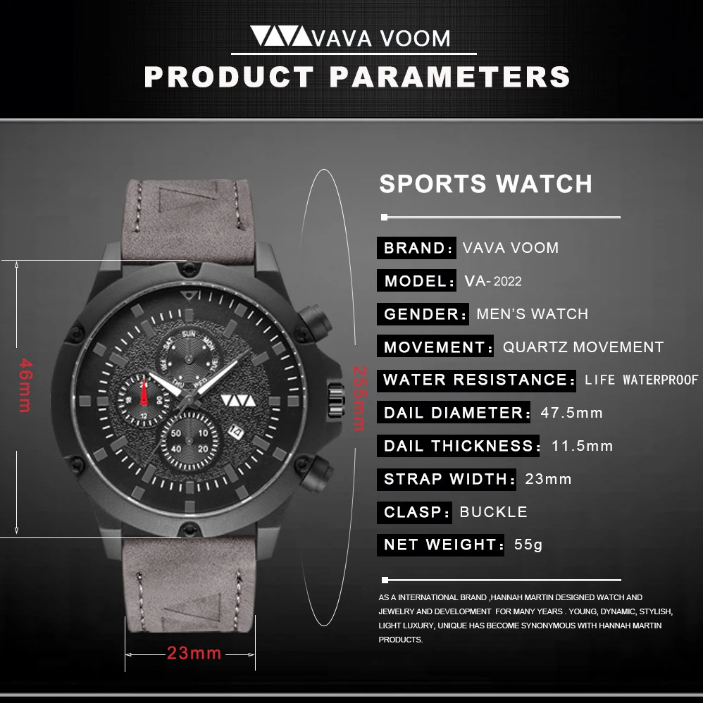 VA VOOM мужские часы кварцевые наручные Топ бренд Роскошные спортивные большие