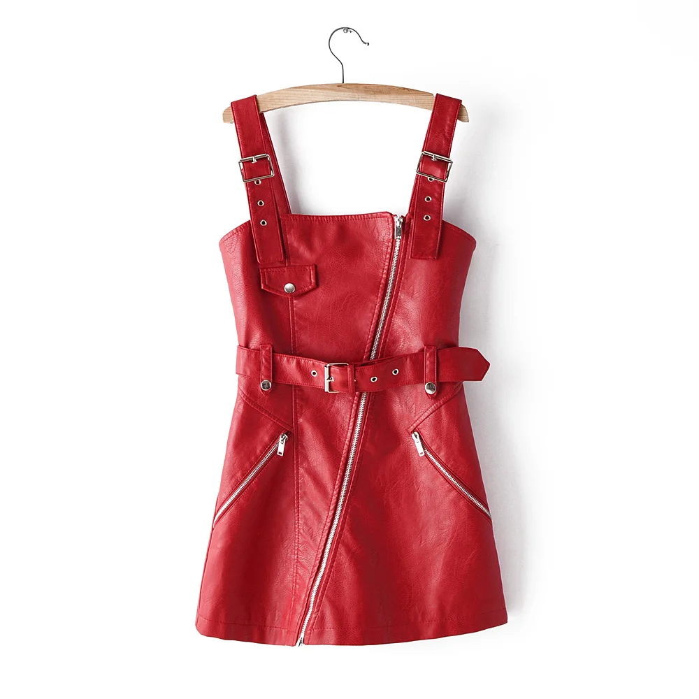SHEL6 Red Женское платье из искусственной кожи; мини-платье; сезон весна-осень; ремень на молнии с карманом; 5 цветов; Прямая - Цвет: SHEL6 Red