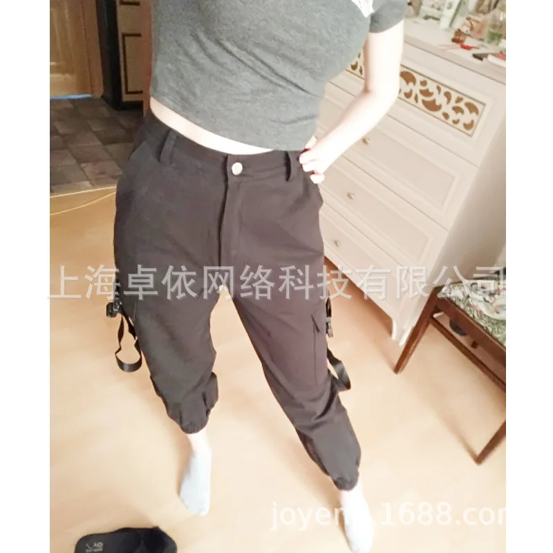 Huzhou осенние брюки карго женские, с высокой талией брюки свободные Ленточные женские брюки с завязками Прямые хлопковые Jogger Mujer