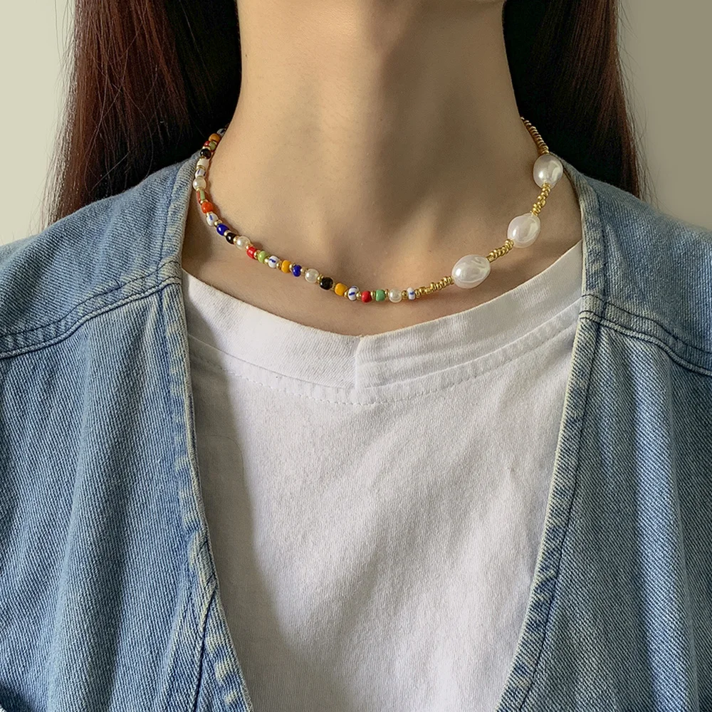 

Lacteo 2021 Fashion INS Asymmetric Acrylic Imitation Pearls Jewelry Choker Necklace Bohemian Rainbow Color Beeds Chain Necklace