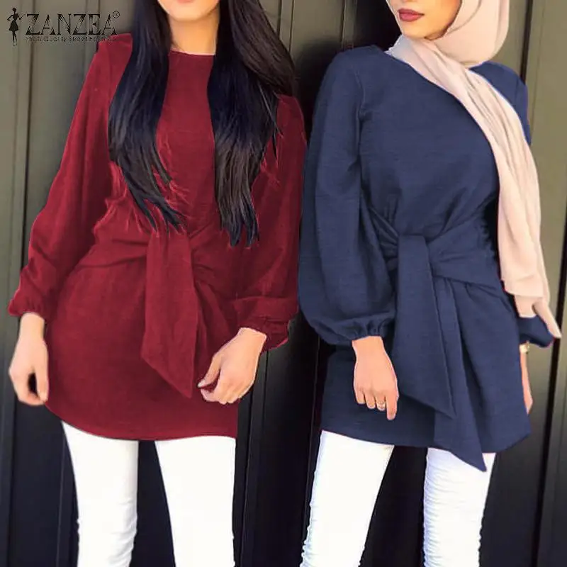 ZANZEA Women Autumn Shirt Stylish Muslim BlouseVintage Long Sleeve Lace Up Tops Casual Solid Dubai Abaya Turkey Blusas S- | Женская