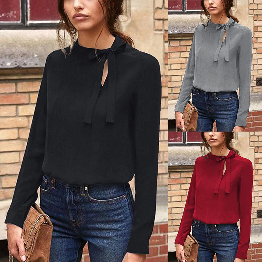 Женская однотонная блузка с длинным рукавом Однотонная рубашка бантом топы