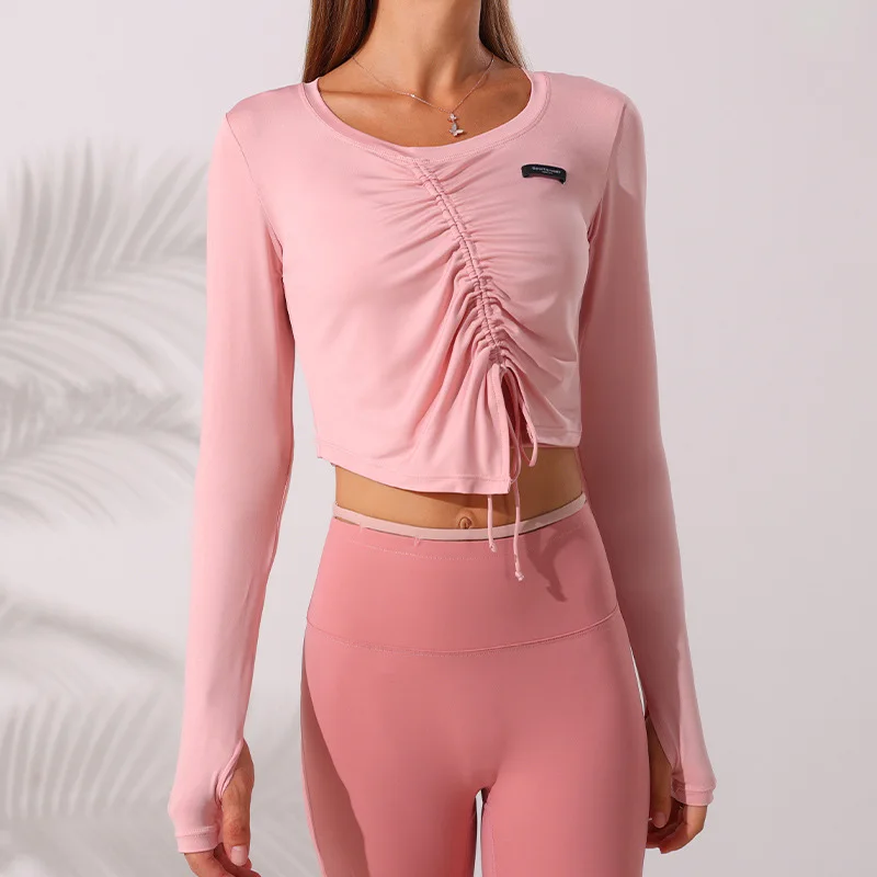 

Women Sport Shirt With Thumb Hole Long Sleeve Top Cropped T Shirt Yoga Tops Fashion Drawstring Shirts Irregular Hem Womens Tops