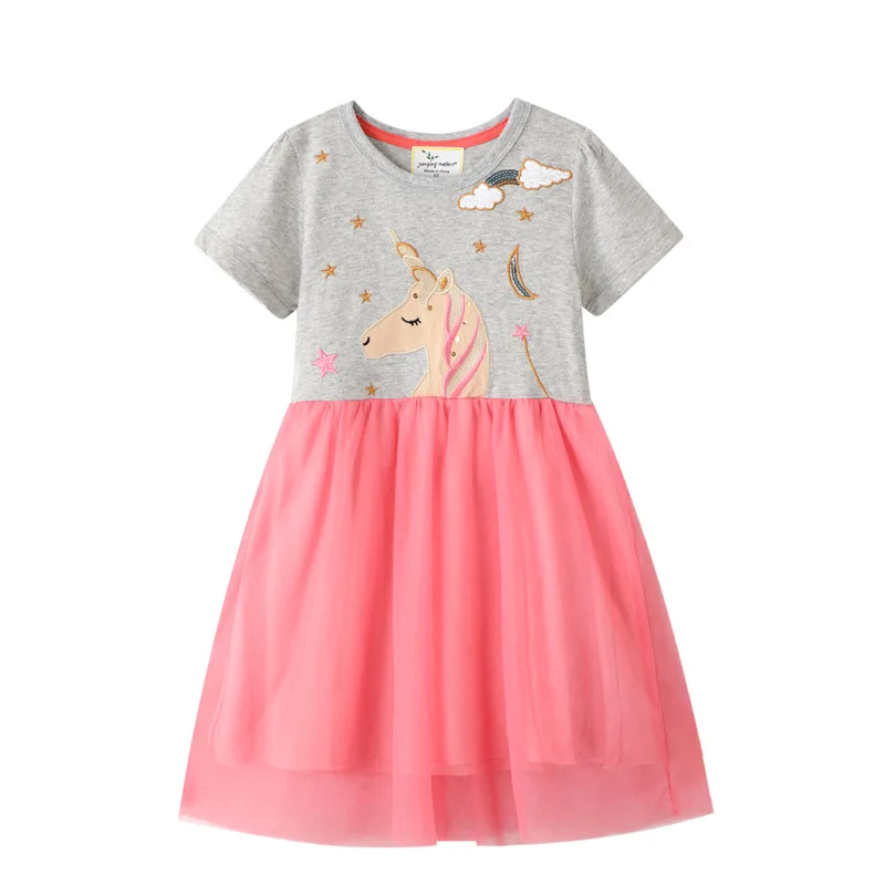 

Girls short-sleeved dress lace mesh hem cotton cartoon unicorn print princess summer dress 6921