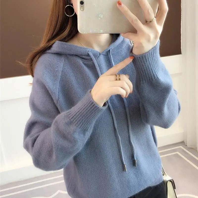 Женские однотонные трикотажные толстовки на шнурке осенне зимние корейские с