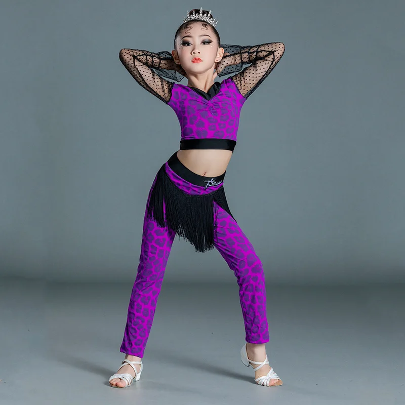 

Костюм для профессиональных девушек для латиноамериканских танцев, одежда для выступлений в стиле хип-хоп, костюм с леопардовыми брюками с длинными рукавами и кисточками