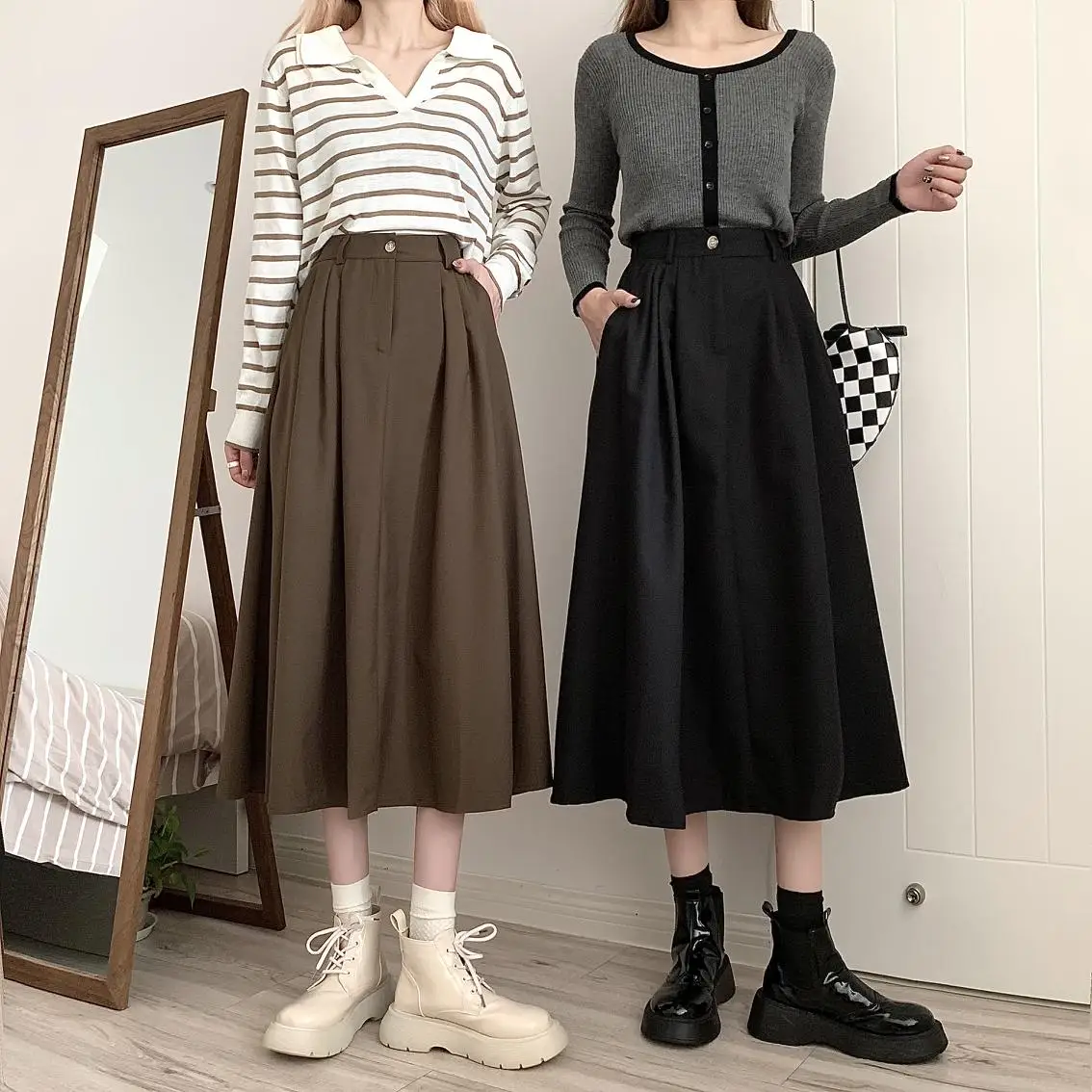 Осенняя элегантная трапециевидная юбка с высокой талией Женская Повседневная