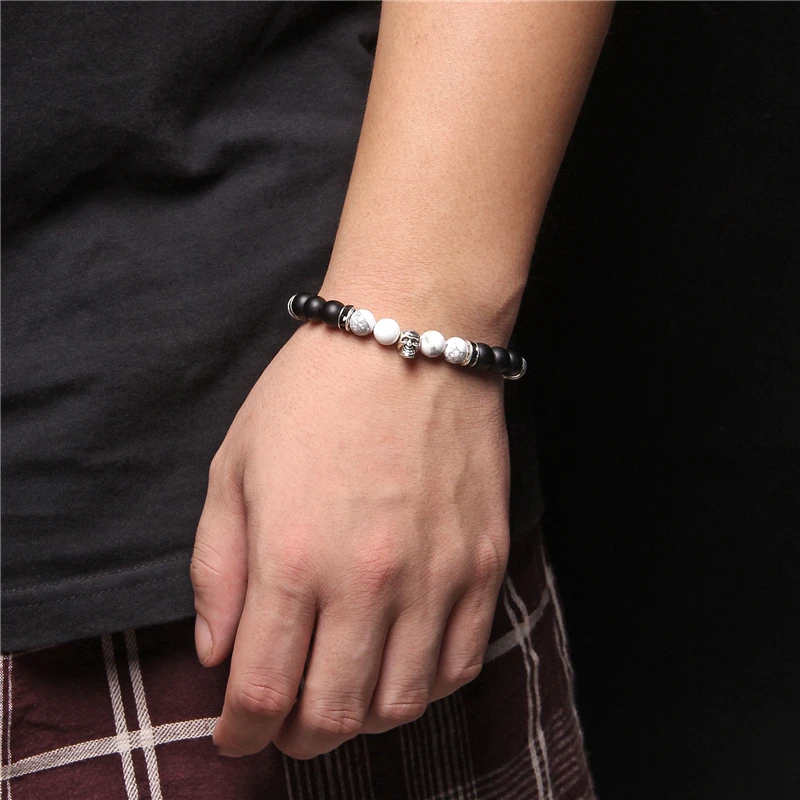 

Skull Charm Bracelets For Men Women Cool Punk Goth Style Accessories Natural Stone Bangles Bloodstone Lava Tiger Eye Jewelry