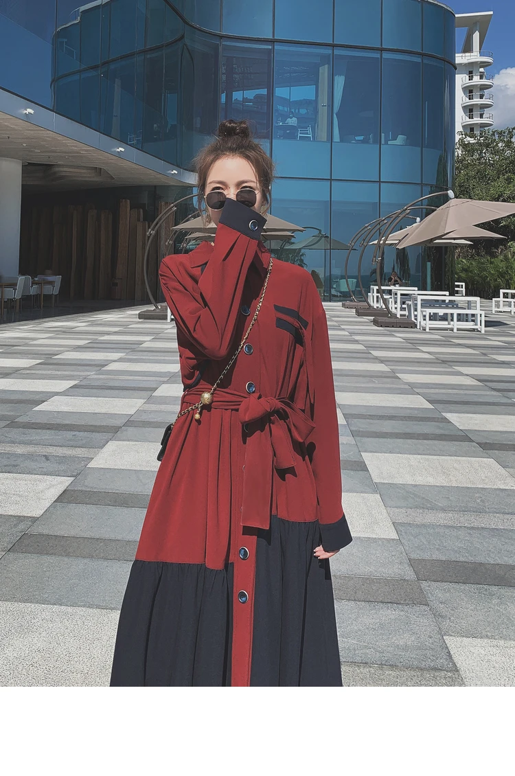 

Women Shirt Dress Long Sleeve Fashion Splice Color Block Big Swing Spring Autumn 2021 Slim Korean Elegant Maxi Bandage Dresses