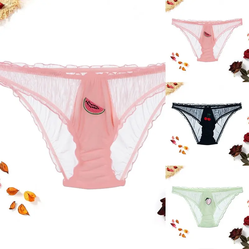 

In Stock Fashion Sexy Underwear Woman Panties Lace Lingerie Temptation Low-waist Panties Fruit Embroidery Transparent Briefs