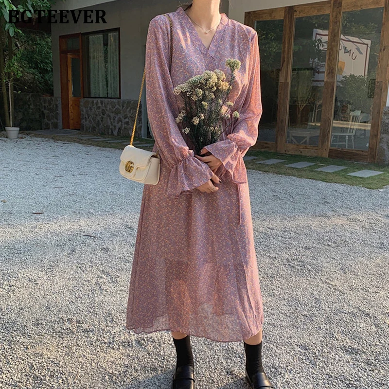 Женское платье с цветочным принтом BGTEEVER элегантное шифоновое средней длины v