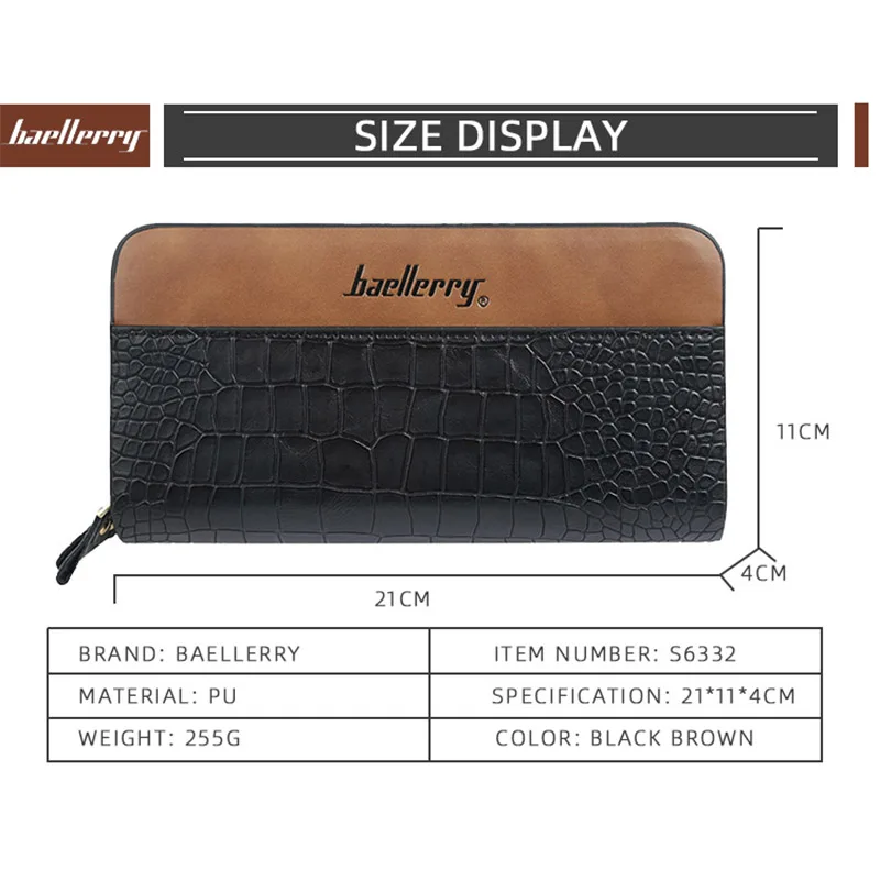 

baellerry Men Long Purse Zipper Clutch Wallets Business Capacity Vintage Crocodile Pattern Wallet for Male carteira masculina