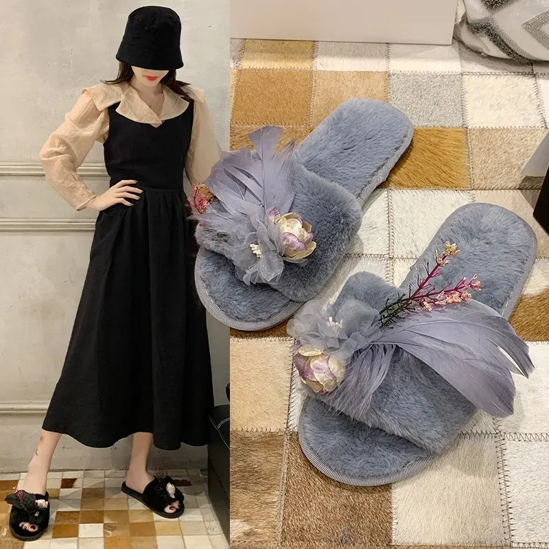 

New Autumn Winter Slippers Flower Fur Women Slippers Warm Shoes Woman Slip on Flip Flops Fur Slippers Female Slides Plus Size