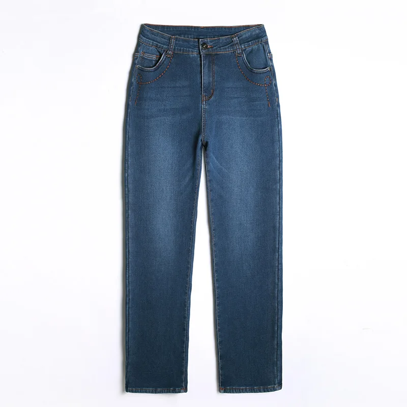 Джинсы женские с подкладкой из бархата стрейч денима прямые плотные облегающие