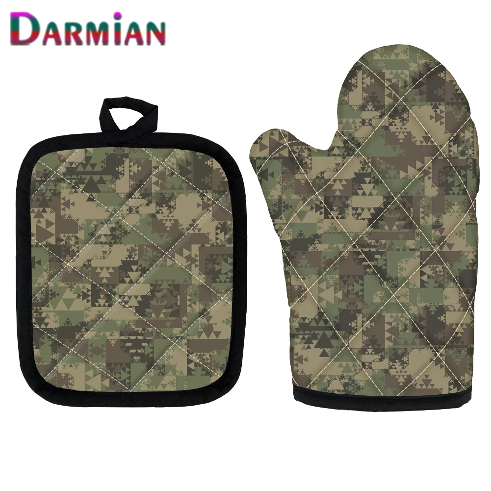 

DARMIAN Camouflage Aztec Green Army Camo Heatproof Cooking Microwave Baking Oven Potholders Oven Mitts 2pcs/Set Kitchen Supplies