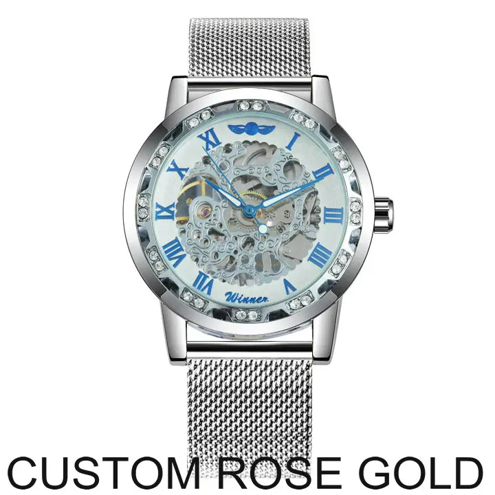 CUSTOM ROSE GOLD WINNER официальный Скелет механические часы для мужчин Золотой сетчатый ремешок Кристалл Iced Out мужские s часы Лидирующий бренд Роскошные Аналоговые наручные часы - Цвет: CUSTOM ROSE GOLD
