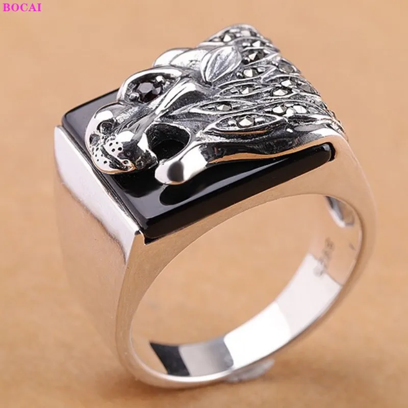 

S925 Sterling Silver Rings For Men Personality Retro Dragon Head Black Agate Rings Pure Argentum Gemstone Jewelry