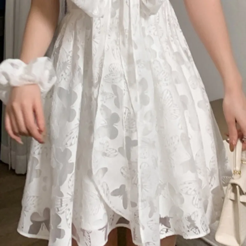 

2021 Summer New Elegant Fashion Women Dress Sweet Square Collar Vestidos Puff Sleeve High Waist Lace-Up Mid-length Bow Dresses