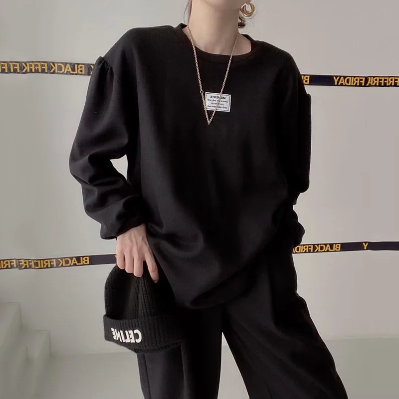 [EWQ] Spring 2022 Retro Women New O-neck Letter Printed Loose Long Sleeve Sweatshirt + High Waist Straight Trousers Tide 16R1355 |