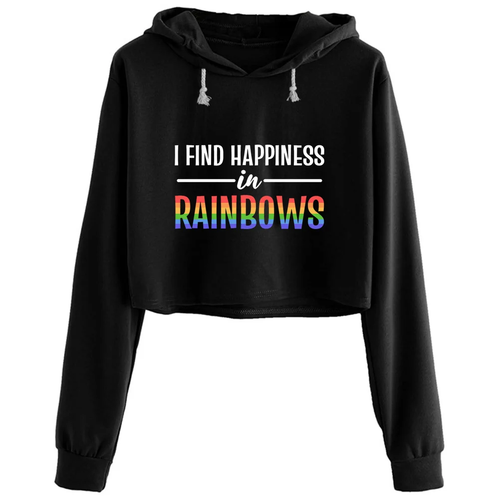 

Happiness In Rainbows Gay And Happy Crop Hoodies Women Harajuku Anime Emo Aesthetic Pullover For Girls