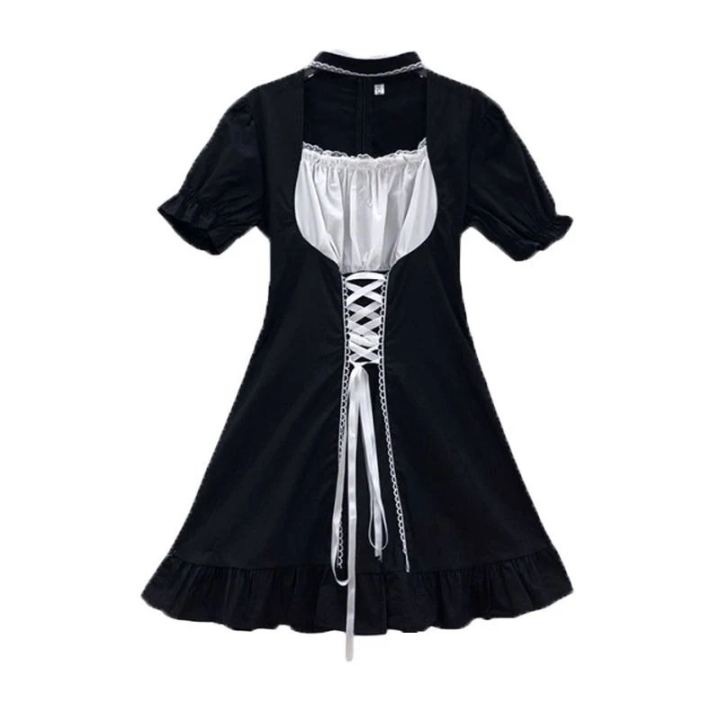 

QWEEK Goth Maid Dress Kawaii Gothic Milkmaid Lolita Outfit Cosplay Costumes E Girl Puff Sleeve Bandage Dress 2021 Mall Goth Emo