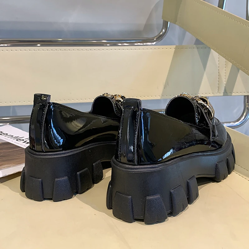 YeddaMavis Black Female Shoes Women Fashion Mary Janes Round Toe Metal Loafers Oxfords Shoes Casual Ladies Heels Shoes For Women